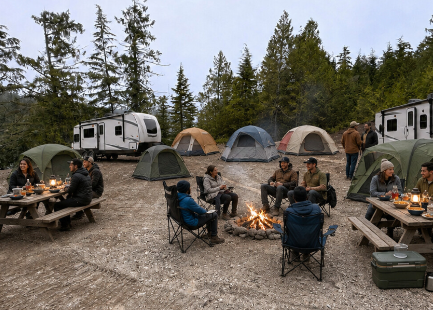 Campers gathered among RVs and tents around a waterfront campfire