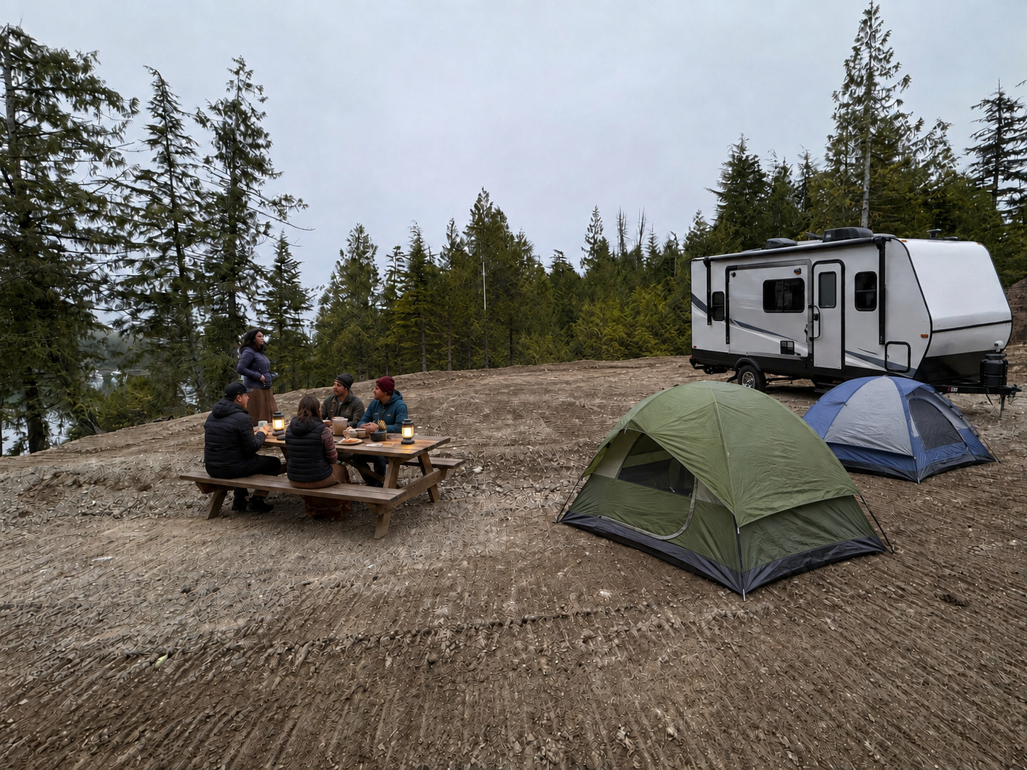 Campers dining together on the waterfront property