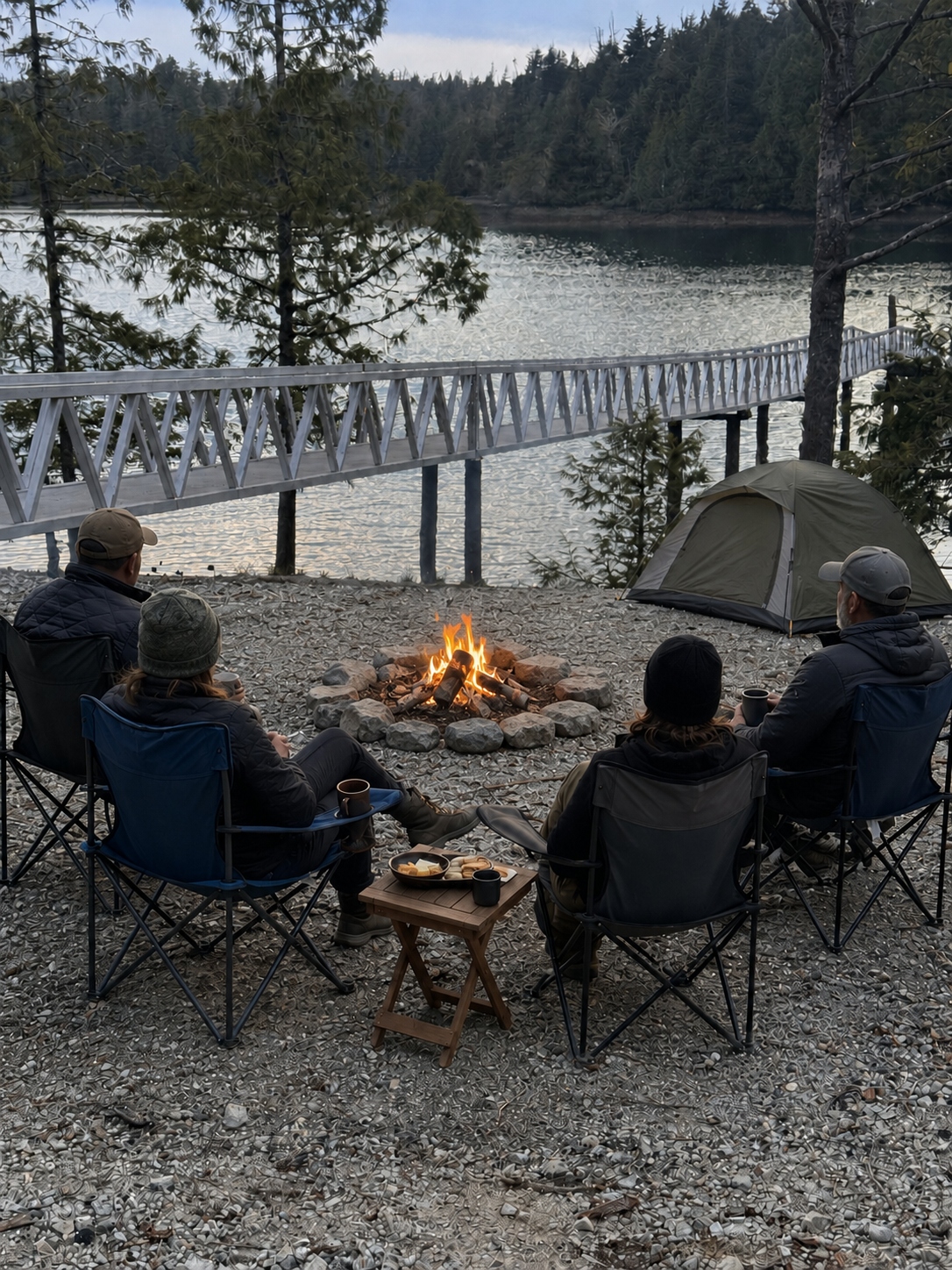 Campers seated around a waterfront fire surrounded by loose natural rocks