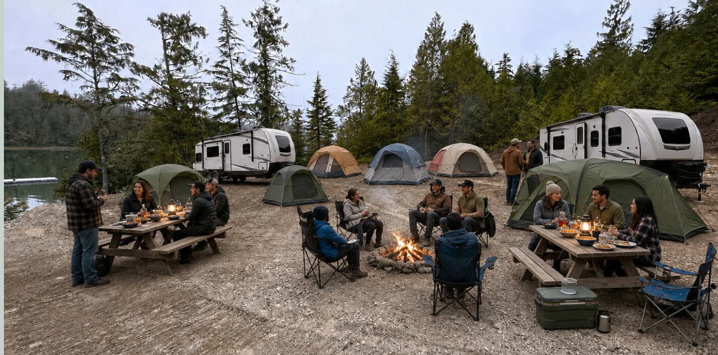 Lively RV and tent basecamp with campers, picnic tables and a central fire